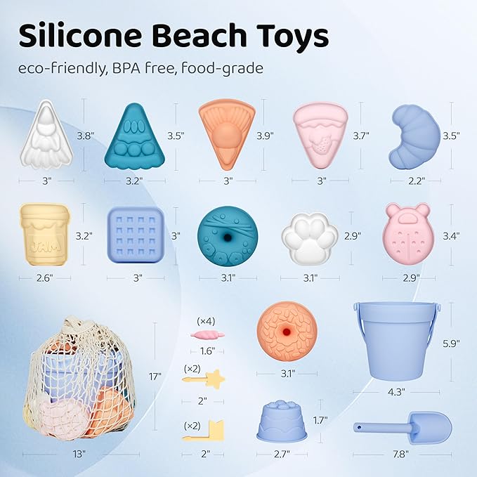 ISSEVE 23Pcs Beach Toys Set for Kids Toddlers Girls, Silicone Sand Toys Include Sand Bucket 12 Sand 3-12 (Blue