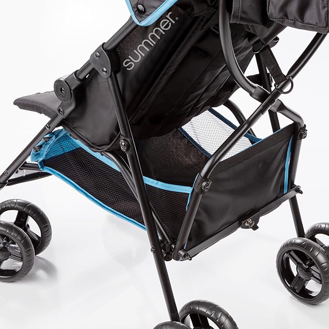 Summer by Ingenuity 3D Mini Convenience Stroller – Lightweight Stroller with Compact Fold, Multi-Position Recline, Canopy with Pop Out Sun Visor – Umbrella Stroller for Travel & More, Blue/Black