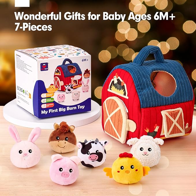 hahaland Baby Toys 6-12 Months - Surprise Barn with Stuffed Farm Animals, Rattle 1-3