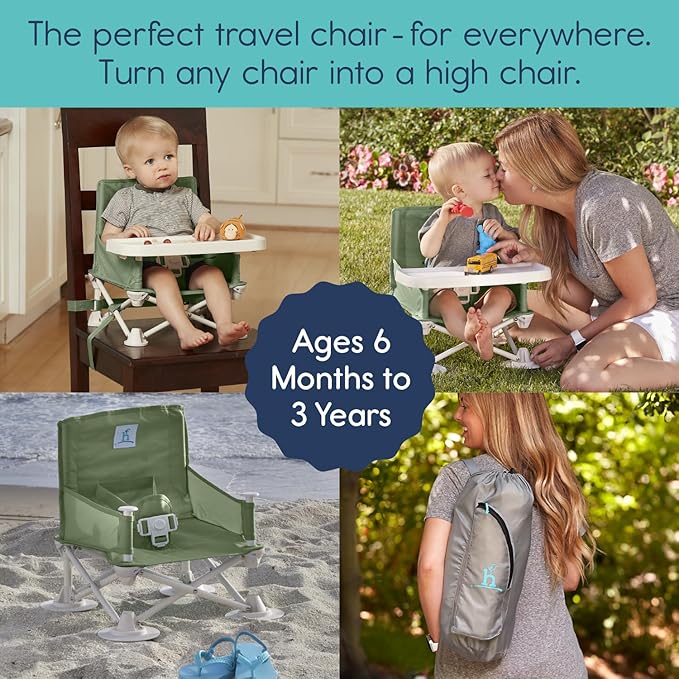 hiccapop OmniBoost Travel Booster Seat with Tray for Baby | Folding Portable Baby Booster Seat for Dining Table, Camping, Beach, Grandma’s | Tip-Free Design Straps to Kitchen Chairs - Booster Chair