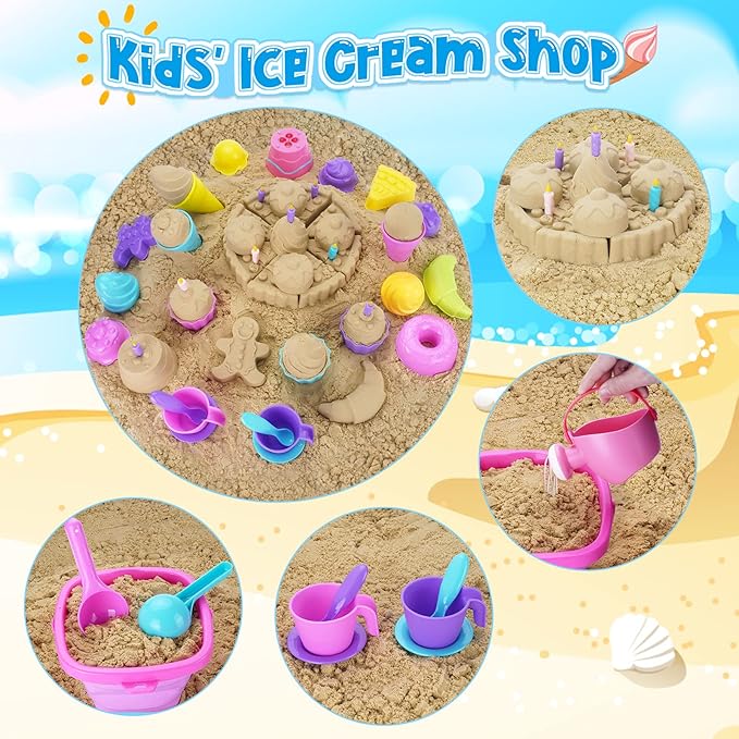 Ice Cream Beach Toys Sand Toys Set for Kids, Collapsible Sand Bucket and Shovels Set with Mesh Bag