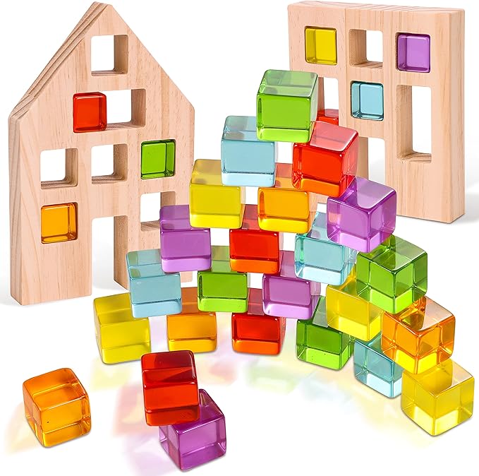 Wooden Building Blocks Set for Kids, 24 PCS Rainbow Gem Cubes Stacking Blocks - 2 Wood House 3-6
