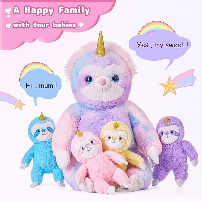 IKASA Mommy Sloth Stuffed Animal Mom and Baby Plush Toy,Cute 20" Soft Small Fluffy Mama Family Set Toy with Little Mini Babies