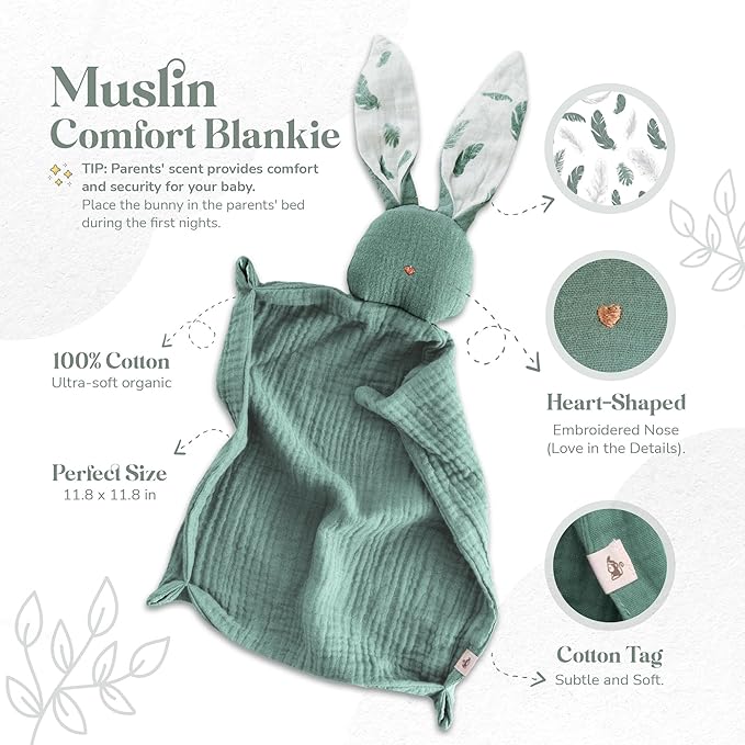 Mikito Organic Cotton Newborn Gifts Box, Baby Gifts Unisex incl. Muslin Baby Lovey Comforter + Baby Bandana Bib Drool + Wooden Baby Teether + Birth Announcement Sign