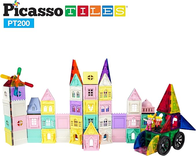 PicassoTiles 200 PCs Magnetic Tiles Castle Theme with 2 Figures 3+