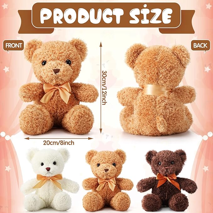 HyDren 12 Pcs Bear Stuffed Animal 12 Inch Bulk Soft Plush Bear Toys with Ribbon Bow Ties Fluffy Bears for Birthday Gift Baby Shower Graduation Wedding Party Favors(Light Brown, Dark Brown