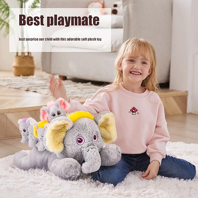IKASA Mommy Elephant Stuffed Animal Mom and Baby Plush Toy,Cute 18" Soft Small Mama Family Set Toy with Little Mini Babies