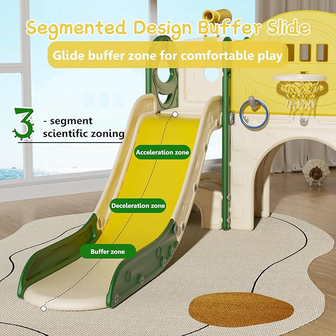 10 in 1 Toddler Slide for Toddlers Age 1-3, Extra-Long Slide with Basketball Hoop Indoor and Outdoor Baby Climber Playset Playground Freestanding Slide (Large