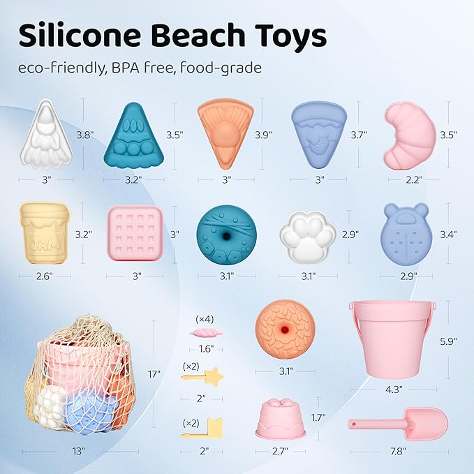 ISSEVE 23Pcs Beach Toys Set for Kids Toddlers Girls, Silicone Sand Toys Include Sand Bucket 12 Sand 3-12 (Pink)