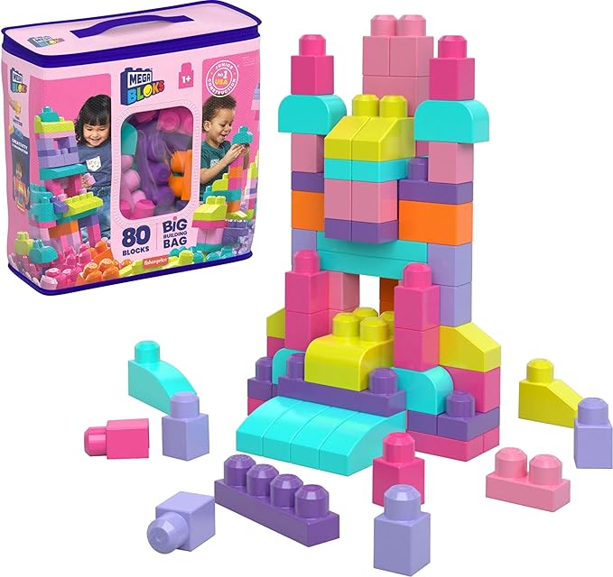 MEGA BLOKS First Builders Toddler Blocks Toys Set, Big Building Bag with 80 Pieces and Storage 1+ Years
