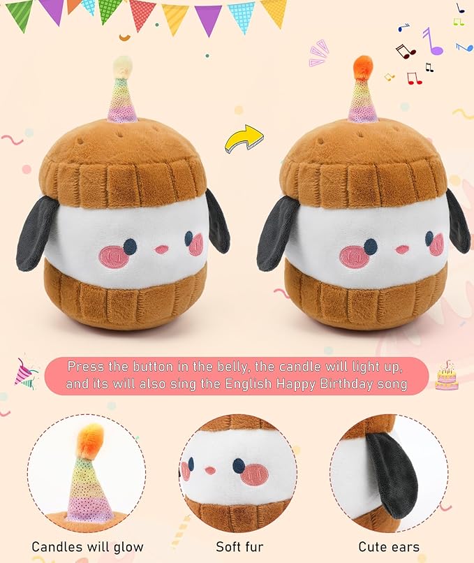 Dog Plush Birthday Stuffed Animal - Birthday Cake Stuffed Doll, Cute Sandwich Dog with Glowing Candle, Party Decorations, Kids' Gifts, 11 Inch