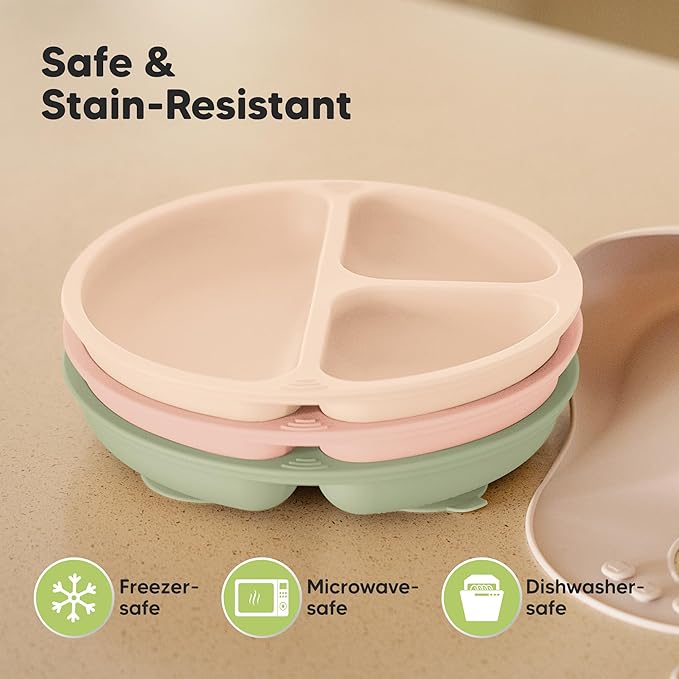KeaBabies Suction Plates for Baby, Toddler - 3-Pack 100% Silicone Toddler Plates, Divided Baby Plates with Suction, Silicone Plates for Baby, Kids, BPA-Free, Microwave, Dishwasher Safe (Macaron)