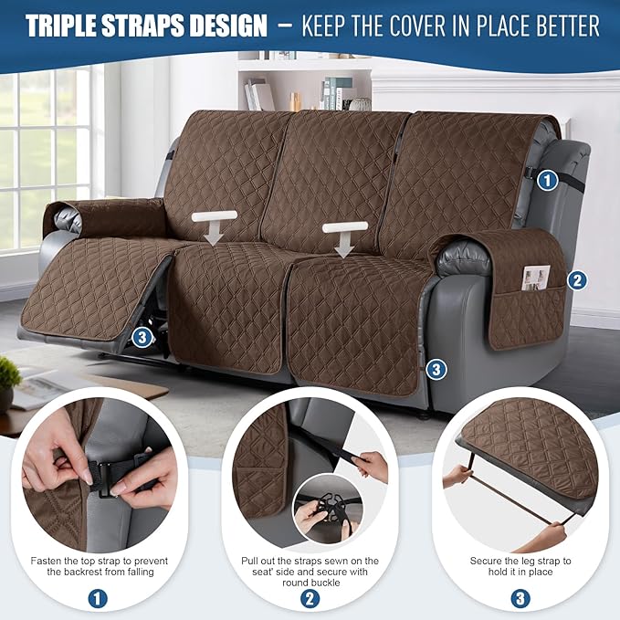 TAOCOCO 100% Waterproof Recliner Covers, Recliner Sofa Covers with Leg Straps, Reversible Recliner Couch Cover for Reclining Chair, Washable Couch Protector for Pets Kids(3 Seater, Brown)