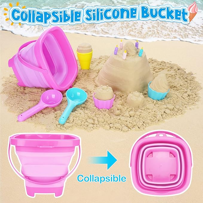 Ice Cream Beach Toys Sand Toys Set for Kids, Collapsible Sand Bucket and Shovels Set with Mesh Bag