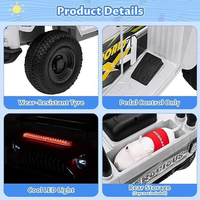 Hetoy 6V Ride On Car for Toddlers - Battery Powered Electric Car for Kids with Music, LED Light 4 Wheels 3-6 Years,