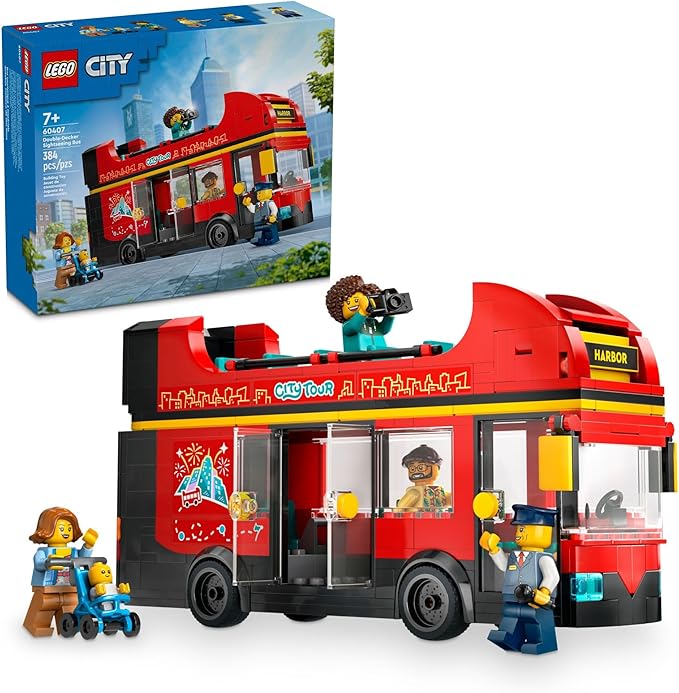 LEGO City Red Double-Decker Sightseeing Bus Toy Vehicle Set, Birthday Gift for 7 Year Olds, London Bus, for Kids, Double-Decker Bus Toy, 5 Characters Including a Baby and Stroller, 60407