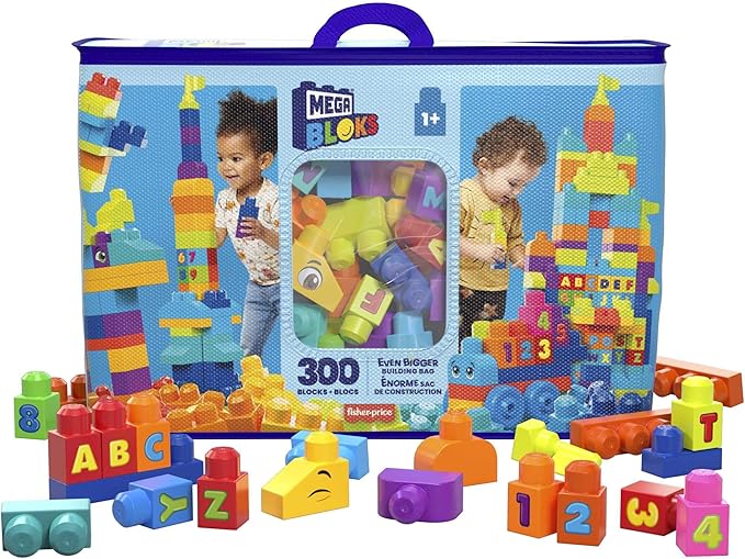 MEGA BLOKS First Builders Toddler Blocks Toys Set, Even Bigger Building Bag with 300 Pieces and Storage 1+ Years