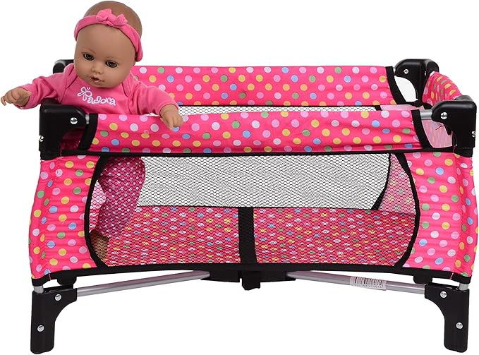 fash n kolor 4 Piece Doll Play Set, includes - 1 Pack N Play. 2 Doll Stroller 3.Doll High Chair. 4.Infant Seat 18'' Doll (4 Piece