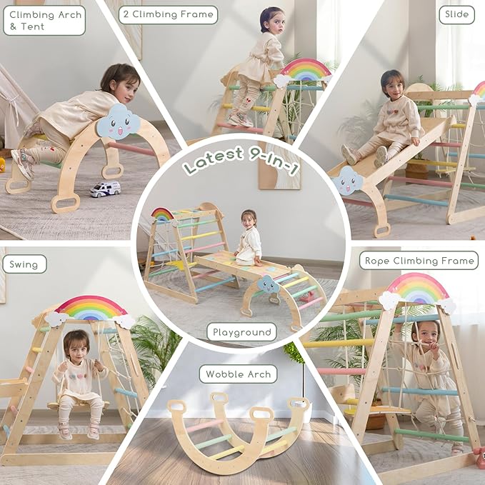 HIGOGOGO 9-in-1 Indoor Playground - Toddler Jungle Gym Montessori Climbing Set Toy Wooden Pikler Triangle with Monkey Bars, Arch 2-12 Years