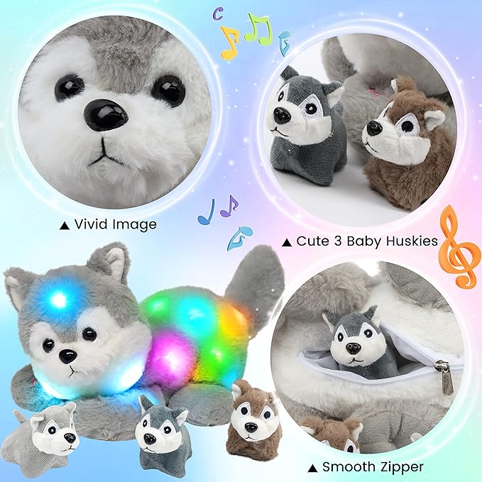 Hopearl LED Musical Stuffed Husky Lighting Up Singing Plush Toy Playset Mommy Dog with 3 Baby Puppies in her Tummy Lullaby Animated Soothe for Mom Toddler Girls, Gray 17''