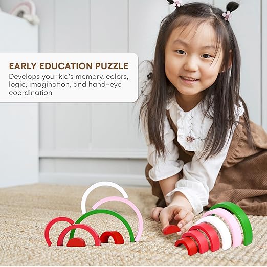 Childlike Behaviour Wooden Rainbow Stacker Toy - Montessori Rainbow Nesting Puzzle