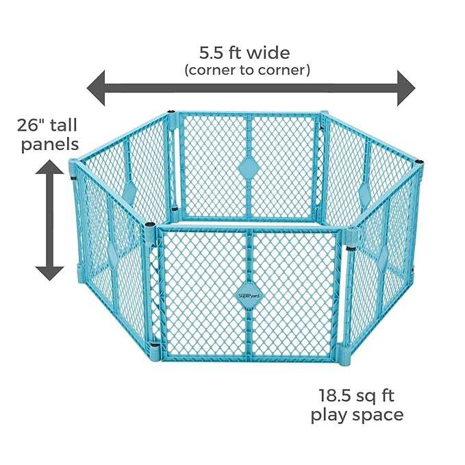 Toddleroo by North States Superyard 6 Panel Free Standing Play Yard, Indoor or Outdoor Baby Playpen, Baby Gate. Made in USA. 5.5 feet Corner to Corner Play Pen (26" Tall, Aqua)