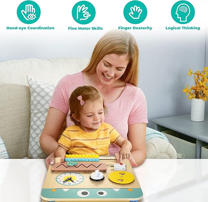 HELLOWOOD 17 for 1 Wooden Busy Board for Kids, Montessori Toys for 2 3 4 Years Old 2-4, Fine
