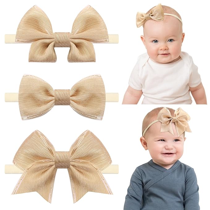 3PCS Baby Girl Bows Soft Stretchy Nylon Headbands Handmade Gold