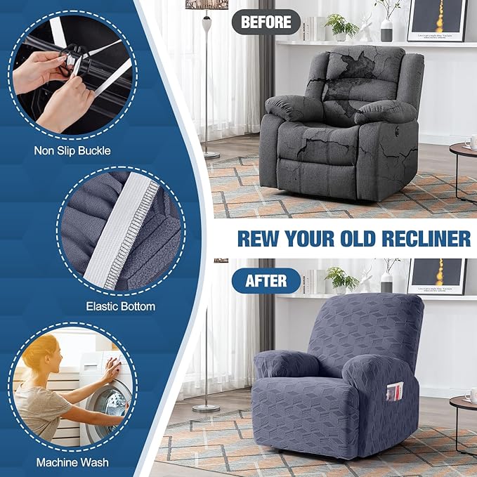 TAOCOCO Oversized Recliner Cover Stretch Recliner Chair Covers, Jacquard Reclining Chair Cover, Furniture Protector Sofa Slipcovers Couch Covers with Elastic Bottom for Kids, Pets (Grey)