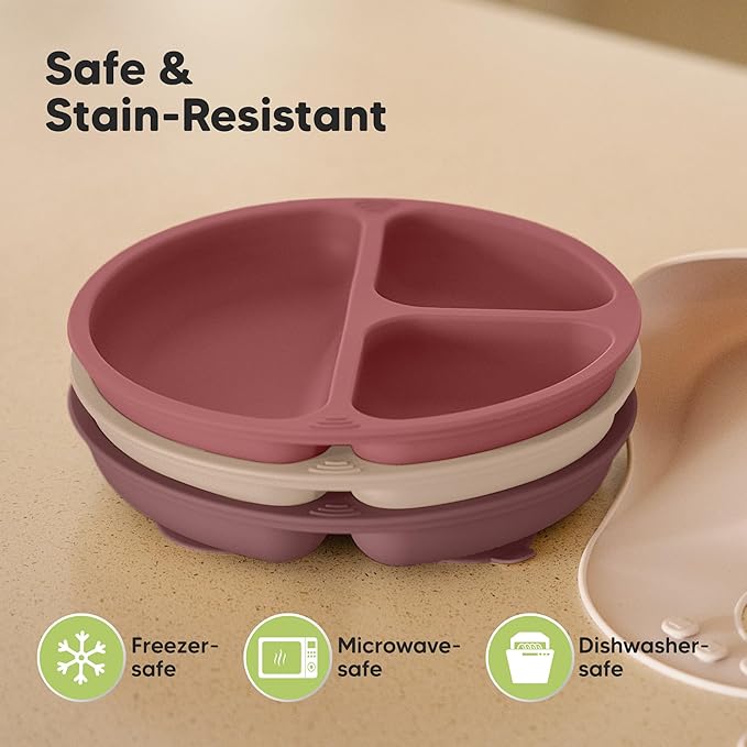 KeaBabies Suction Plates for Baby, Toddler - 3-Pack 100% Silicone Toddler Plates, Divided Baby Plates with Suction, Silicone Plates for Baby, Kids, BPA-Free, Microwave, Dishwasher Safe (Burgundy)