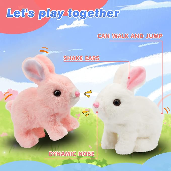 Hopearl Hopping Rabbit Interactive Electronic Pet Plush Bunny Toy with Sounds and Movements Animated Walking Wiggle Ears Twitch Nose Gift for Toddlers Birthday, Pink 7''