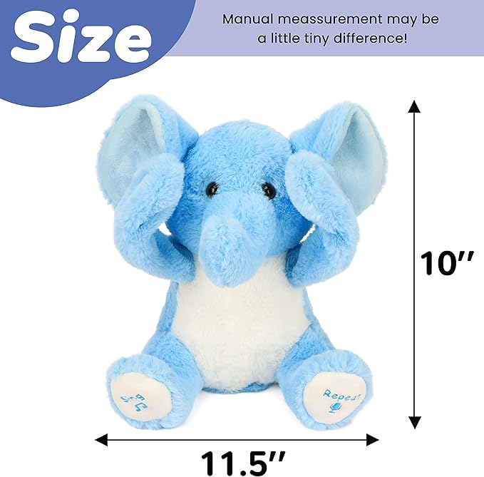 Hopearl Peek A Boo Elephant Interactive Repeats What You Say Plush Elephish Toy Musical Singing Talking Stuffed Animal Adorable Electric Animate Birthday Festival, Blue 11.5''
