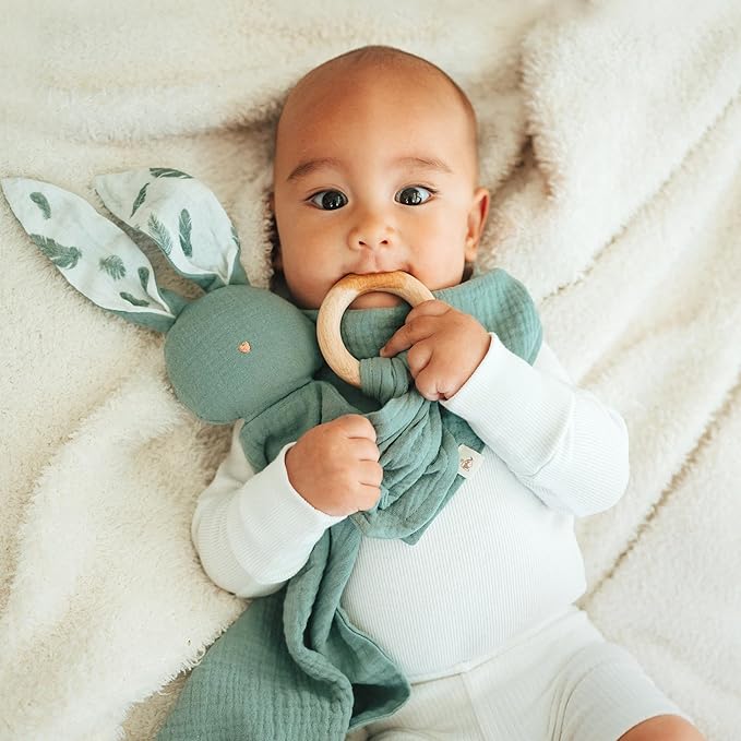 Mikito Organic Cotton Newborn Gifts Box, Baby Gifts Unisex incl. Muslin Baby Lovey Comforter + Baby Bandana Bib Drool + Wooden Baby Teether + Birth Announcement Sign