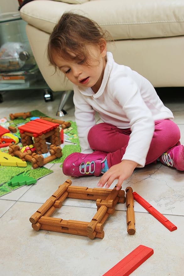 Wooden Logs Toys Farm Playset- Wooden Logs Building Set Farm 207 Pieces 3 4 5 6