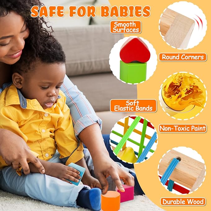 HELLOWOOD Montessori Toys for 1+ Year Old, Wooden Sorter Cube with 8pcs Rattling Shapes