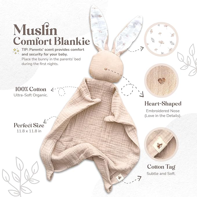 Mikito Organic Cotton Newborn Gifts Box, Baby Gifts Unisex incl. Muslin Baby Lovey Comforter + Baby Bandana Bib Drool + Wooden Baby Teether + Birth Announcement Sign