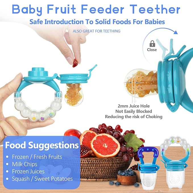 WAJIAYON Baby Fruit Feeder Pacifier - 12 Pack | 2 Baby Fruit Food Feeder Pacifier & 1 Baby Food Dispensing Spoon