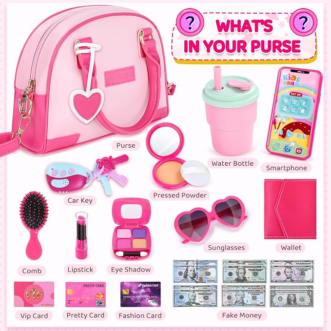 INNOCHEER Little Girls Purse, Kids Toy Purse with Pretend Makeup 2 3 4 5 6 7 8 Year