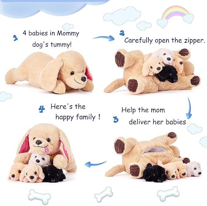 IKASA Mommy Dog Labradoodle Stuffed Animal Mom and Baby Plush Toy,Cute 17" Soft Small Mama Puppy Family Set Toy with Little Babies