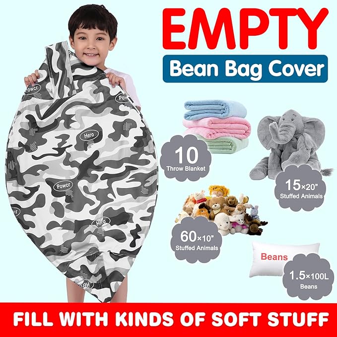 Lukeight Stuffed Animal Storage Bean Bag Chair Cover for Kids, Zipper Beanbag Chair Cover for Organizing Toddler and Kids' Rooms Plush Toys (Camo Velvet, Large)