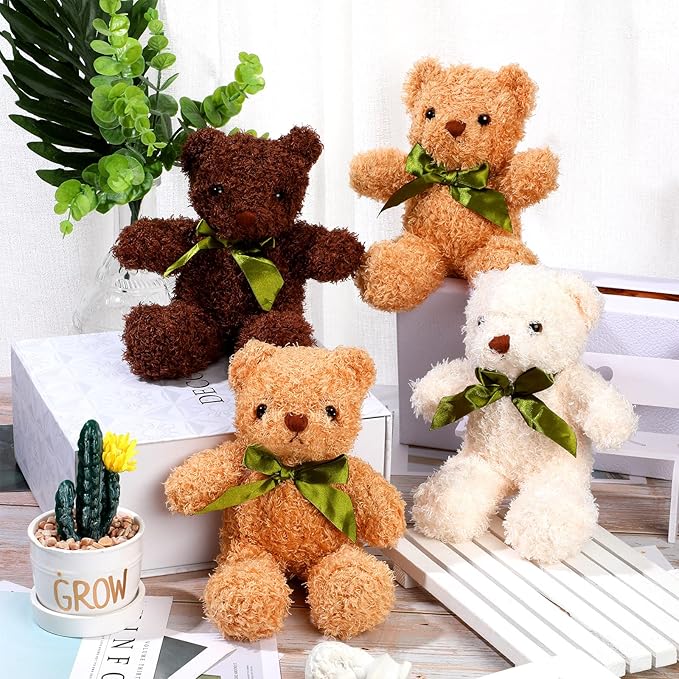 HyDren 15 Pieces Plush Stuffed Bears, 10 Inch Cute Soft Stuffed Bear Toy with Bow Tie for Graduation Baby Shower Christmas Birthday Party Gift Favors (Brown