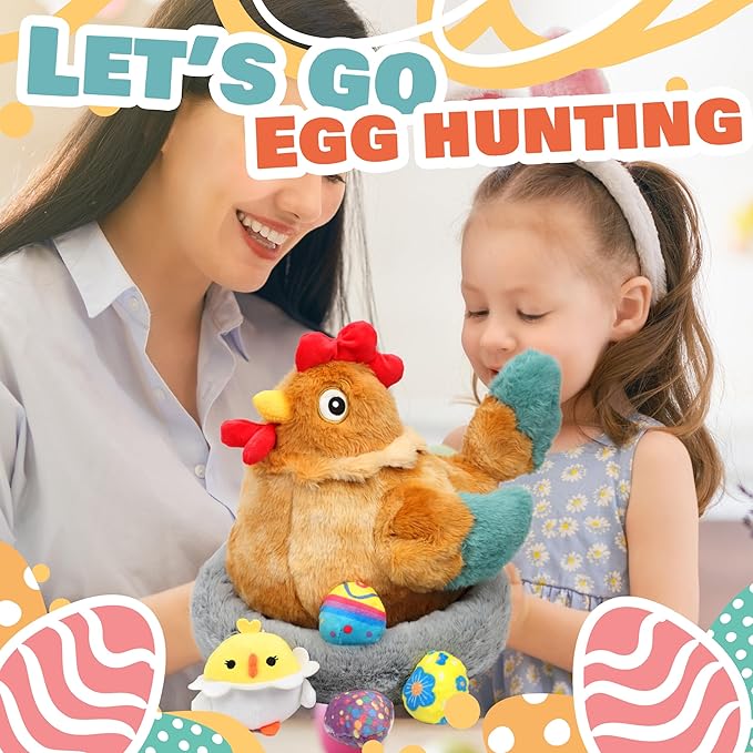 Hopearl Easter Plush Toy Chicken with 3 Eggs and 1 14''