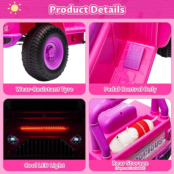 Hetoy 6V Ride On Car for Toddlers - Battery Powered Electric Car for Kids with Music, LED Light 4 Wheels 3-6 Years,
