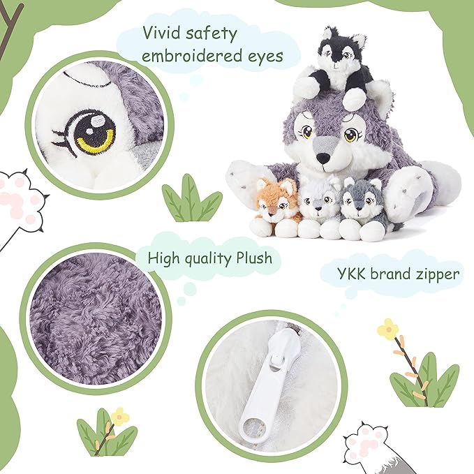 IKASA Mommy Wolf Stuffed Animal Mom and Baby Plush Toy, Cute 18" Soft Small Fluffly Mama Family Set Toy with Little Mini Babies
