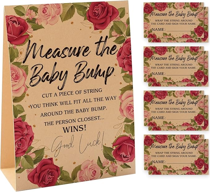 1 Measure the Baby Bump Kraft Sign & 50 Guessing Cards Set, Gender Neutral Baby Shower Games/075KF