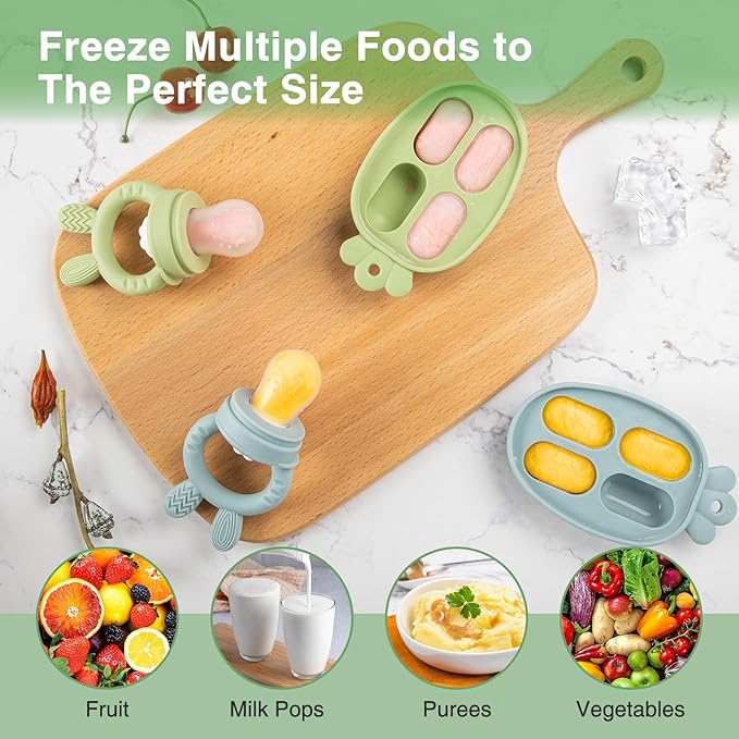 Baby Fruit Feeder with Breastmilk Popsicle Molds & 3 Sizes Pouches, BPA Free Silicone Frozen Feeder for Teething Relief 4 Months+