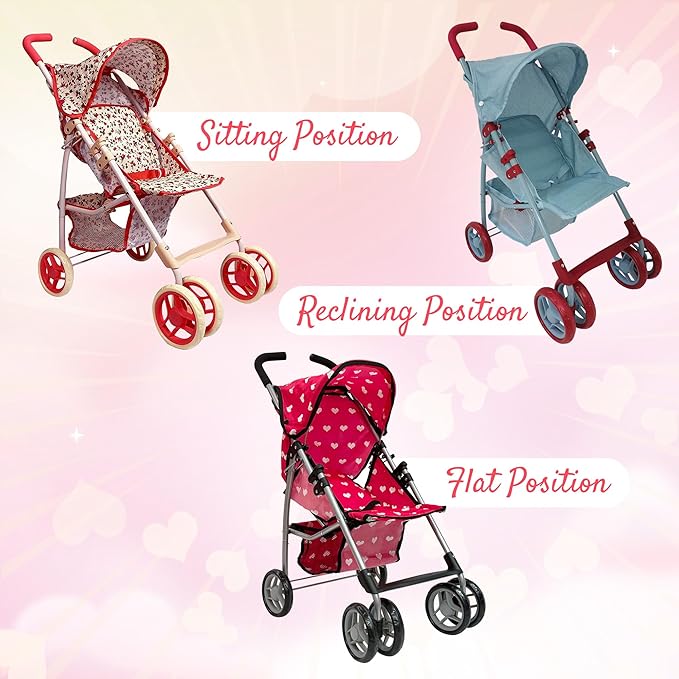 Baby Doll Stroller for Toddler Girls & Big Kids up to 8 Years Old | 28” Baby Stroller for Dolls, Toy Baby Stroller with Cute Pink Hearts Pattern