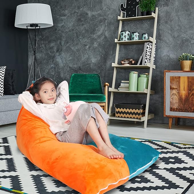 LOLOMLO Stuffed Animal Storage Bean Bag Chair Cover, Velvet Turquoise Orange Plush Toy Storage Stuff and Sit Seat for Kids/Teens/Adults, 52" x 31" Extra Large Triangle Sofa, 200L/52Gal, Cover Only
