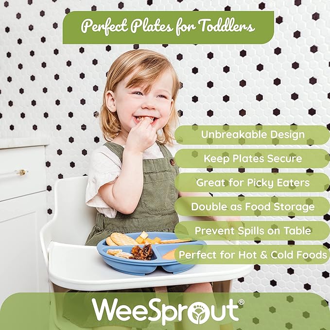WeeSprout Suction Plates for Babies & Toddlers - 100% Silicone, Dinnerware Stays Put, Divided Design for Picky Eaters, Microwave & Dishwasher Friendly, 3 Pack