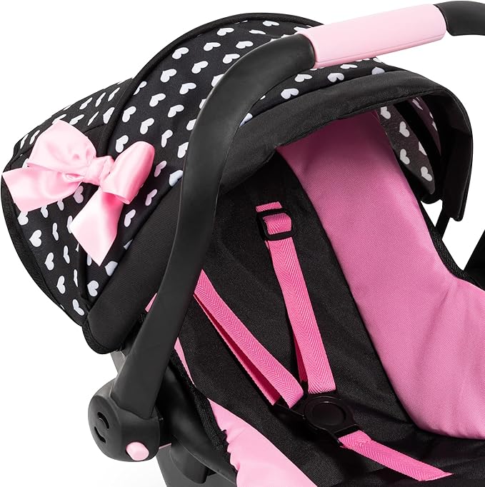 Bayer Design Dolls: Deluxe Car Seat: Hearts Black & Pink - Pretend Play Accessory for Dolls/Plushes Up to 18", Ages 3+